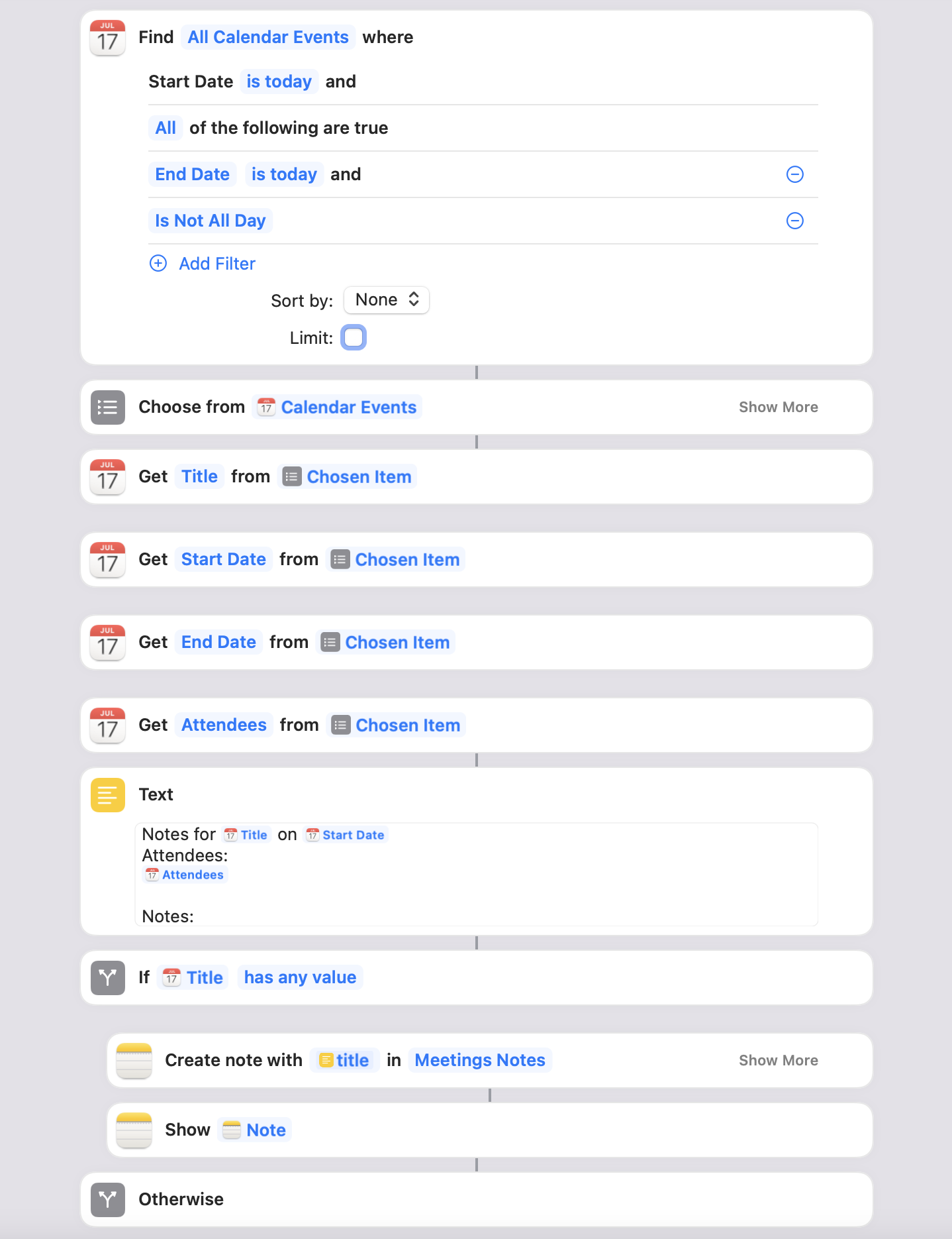 The Shortcut editor showing the meeting notes shortcut opened.